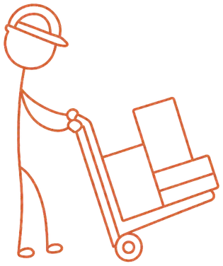 A worker pushing a hand truck stacked with boxes, drawn in one terracotta line.