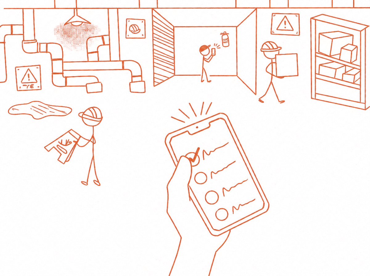 A plant floor drawn in one terracotta line: pipework, a spill and warning placards, an inspector photographing an extinguisher, a worker carrying a box, and in the foreground a hand holding a phone with the first item on a checklist ticked.