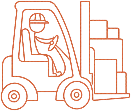 A worker driving a forklift with a full pallet load, drawn in one terracotta line.
